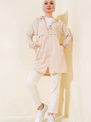 Bej Araboy Kapüşonlu Fermuarlı Keten Kap Bej Araboy Kapüşonlu Fermuarlı Keten Kap