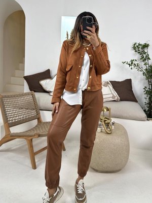 Taba Çıtçıtlı Deri Jogger Pantolon Taba Çıtçıtlı Deri Jogger Pantolon