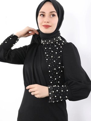 İnci Işlemeli Abiye Elbise Siyah