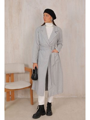 Gri Kuşaklı Kaşe Kaban