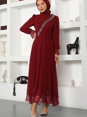 Bordo Taş Detaylı Şifon Abiye Elbise Bordo Taş Detaylı Şifon Abiye Elbise