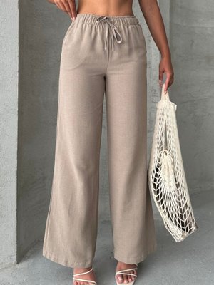 Bej Keten Karışımlı Bol Kesim Pantolon