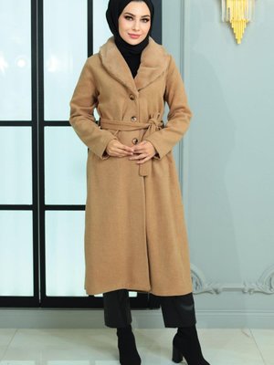 Vizon Geniş Kürk Yakalı Kaşe Kaban Vizon Geniş Kürk Yakalı Kaşe Kaban