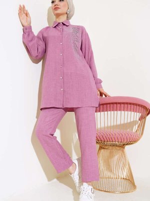 Pudra Taş İşlemeli Pantolonlu Keten Takım