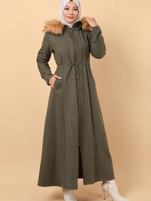 Haki Fermuarlı Deri Detaylı Kaşe Kaban