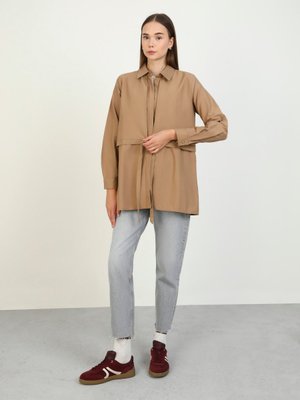 Koyu Vizon Bağlama Detaylı Pamuklu Poplin Bluz Gömlek