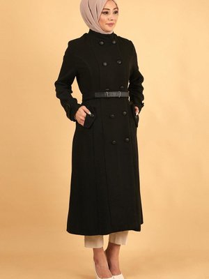 Siyah Deri Kemerli Kaşe Kaban