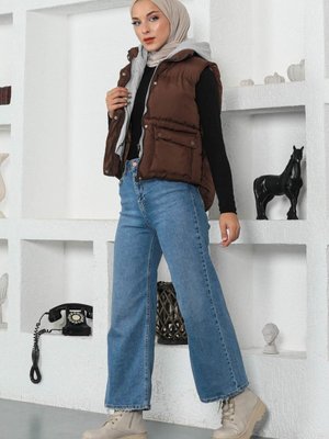 Kahverengi Kapüşonlu Şişme Yelek