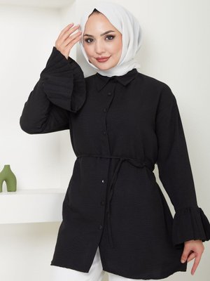 Siyah Kolu Piliseli Gömlek Yaka Tunik Siyah Kolu Piliseli Gömlek Yaka Tunik
