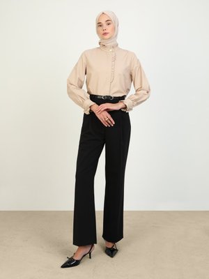 Bej Düğme Ve Fırfır Detaylı Poplin Tunik