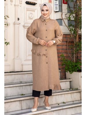 Camel Yanı Fırfır Detaylı Düğmeli Keten Tunik