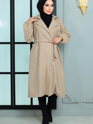 Bej Broş Detaylı Kaşe Kaban Bej Broş Detaylı Kaşe Kaban