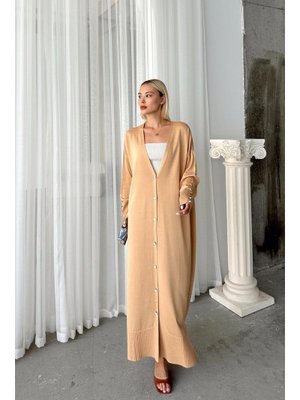 V Yaka Düğme Detaylı Oversize Triko Hırka Kamel