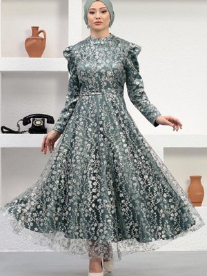 Mint Taşlı Tül Abiye Elbise