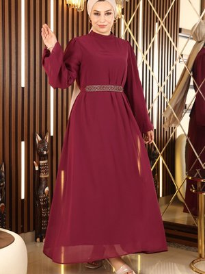 Mürdüm Kemer Detaylı Şifon Abiye Elbise