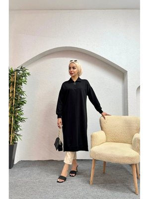 Rahat Kesim Polo Yaka Fermuarlı Siyah Uzun Tunik Elbise