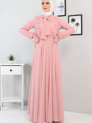 Pudra Fırfırlı Fularlı Şifon Abiye Elbise