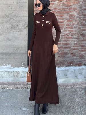 Kahve Kamel Dügmeli Fitilli Elbise