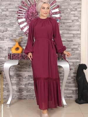 Mürdüm Dantel Detaylı Şifon Abiye Elbise