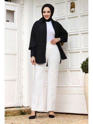 Beyaz Bol Paça Çizgili Pantolon Beyaz Bol Paça Çizgili Pantolon