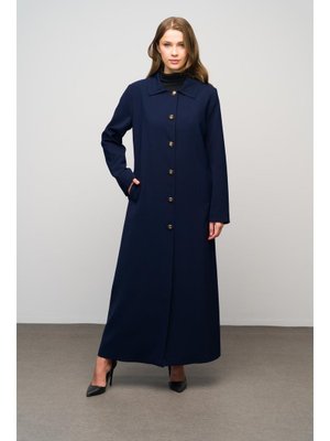 Lacivert Gömlek Yaka Punto Dikiş Detaylı Büyük Beden Astarlı Pardesü