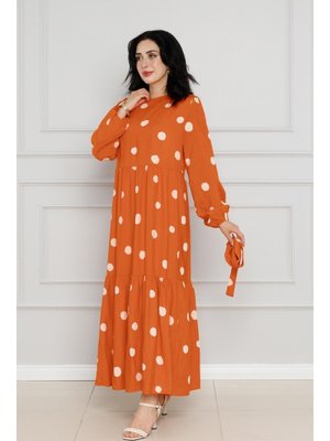 Turuncu Puantiyeli Kuşaklı Eylül Elbise Turuncu Puantiyeli Kuşaklı Eylül Elbise