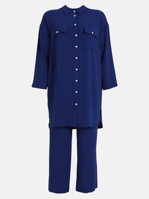 Büyük Beden Cep Detaylı Düğmeli Tunik & Pantolon İkili Aerobin Takım Koyu İndigo