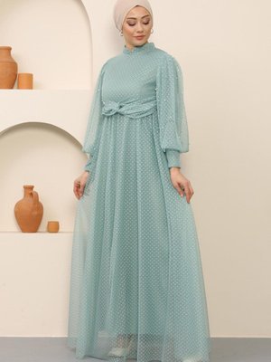 Mint İnci Detaylı Tül Abiye Elbise