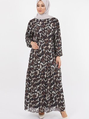 Kahverengi Leopar Desenli Şifon Elbise Kahverengi Leopar Desenli Şifon Elbise