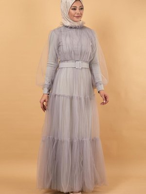 Gri Kemerli Tül Abiye Elbise Gri Kemerli Tül Abiye Elbise