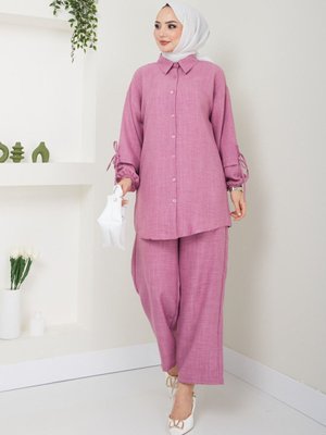 Pudra Düğmeli Keten İkili Takım