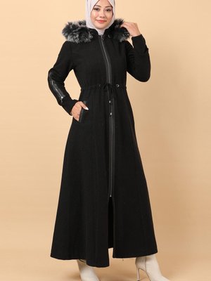 Siyah Fermuarlı Deri Detaylı Kaşe Kaban