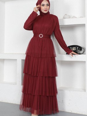 Bordo Eteği Fırfırlı Tül Abiye Elbise