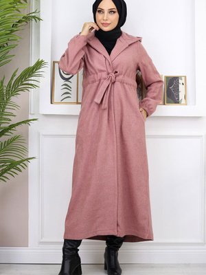 Gül Kurusu Önden Bağlamalı Kaşe Kaban