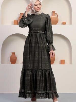 Haki İnci Detaylı Dantel Abiye Elbise Haki İnci Detaylı Dantel Abiye Elbise