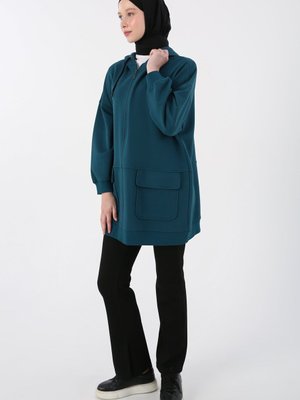 Petrol Cepli Kapüşonlu Oversize Sweat Hırka Petrol Cepli Kapüşonlu Oversize Sweat Hırka