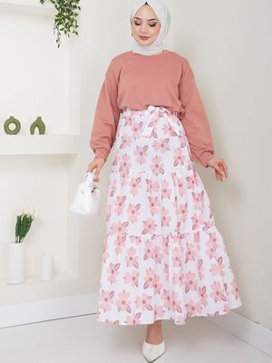 Pudra Çiçekli Etekli Takım