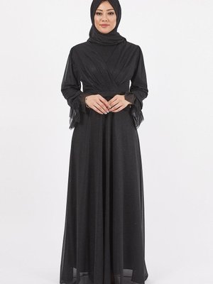 Siyah Simli Kol Detaylı Abiye Elbise Siyah Simli Kol Detaylı Abiye Elbise