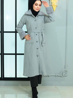 Gri Kürk Detaylı Kaşe Kaban Gri Kürk Detaylı Kaşe Kaban