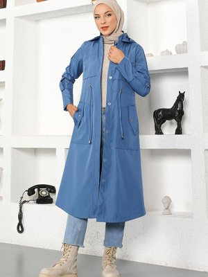 Mavi Kapüşonlu Trençkot