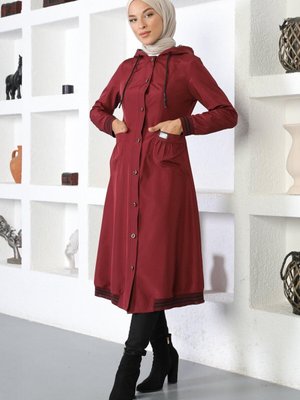 Bordo Kapüşonlu Ribanalı Trençkot