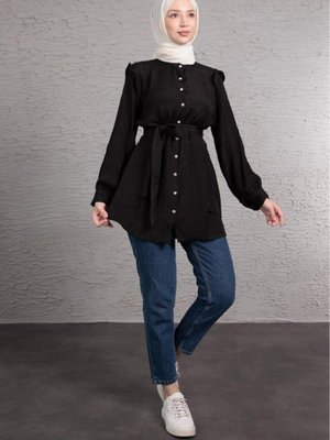Omuz Mini Fırfırlı Işıltılı Düğmeli Tunik Siyah Omuz Mini Fırfırlı Işıltılı Düğmeli Tunik Siyah