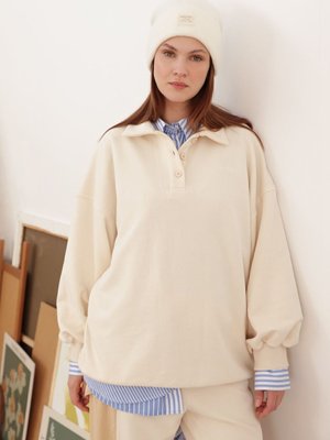 Ekru Polo Yaka Oversize Sweatshirt