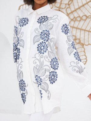 Gömlek Pamuk Keten Kumaş Ön Ve Kollar Pul Palet Nakış İşlemeli Ovursize Kalıp