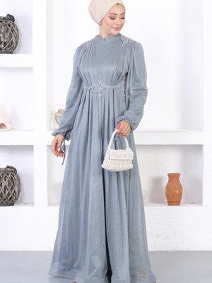 Gri İncili Dantelli Simli Abiye Elbise Gri İncili Dantelli Simli Abiye Elbise