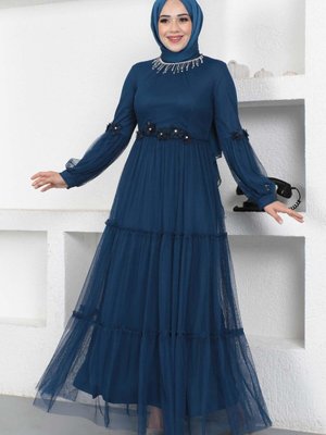 İndigo Çiçek Detaylı Tül Abiye Elbise