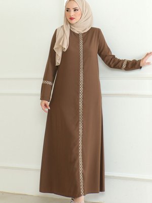 Nakışlı Fermuarlı Krep Kumaş Ferace