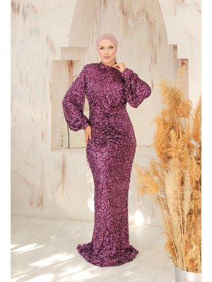 Fuşya Hüma Payetli Abiye Elbise