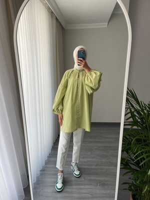 Hooops Birit Detaylı Tesettür Gömlek Soft Yeşil