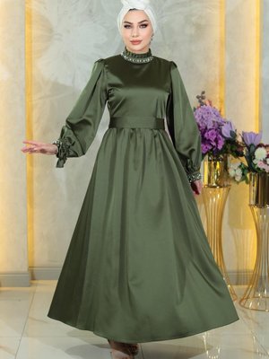 Haki İncili Saten Abiye Elbise Haki İncili Saten Abiye Elbise